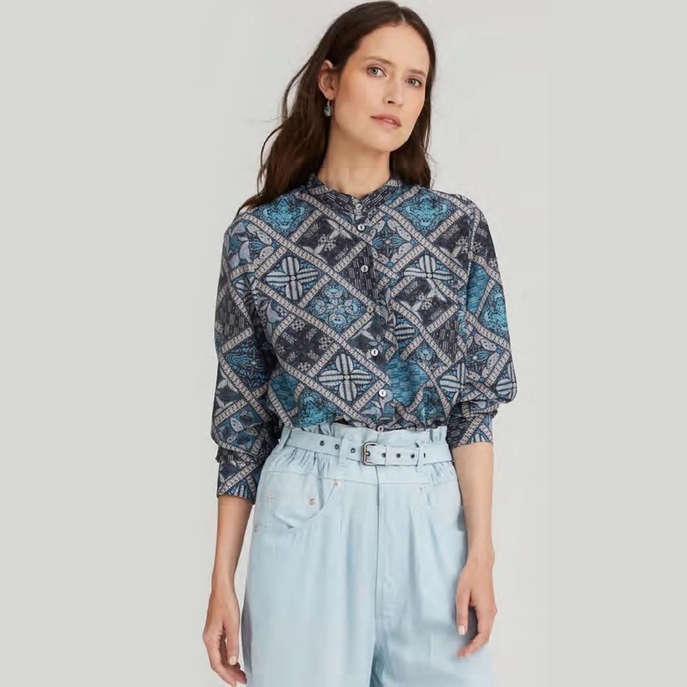 Megan Park‎ Aulia Silk Blend Shirt Block Print Made in India Size 1 US 6